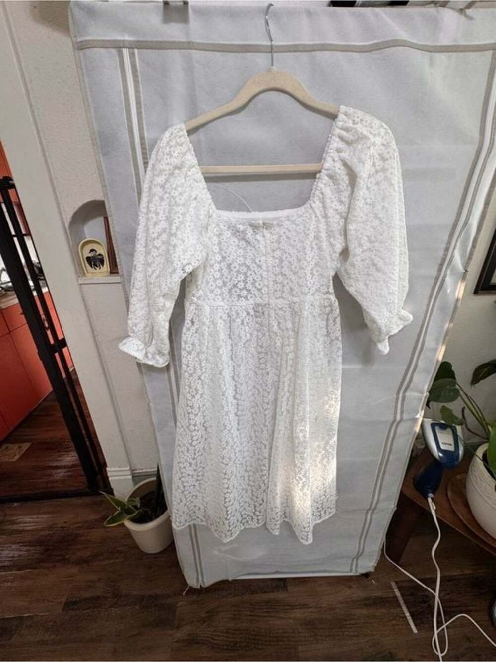 White Lace Midi Dress with Puff Sleeves -Small-NWT